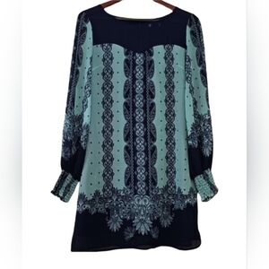 Sheer Lined Mini Dress Vintage Charm Country Boho Chic Seafoam & Navy Western